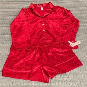 Elegant Red Satin Polka Dot Pajama Set